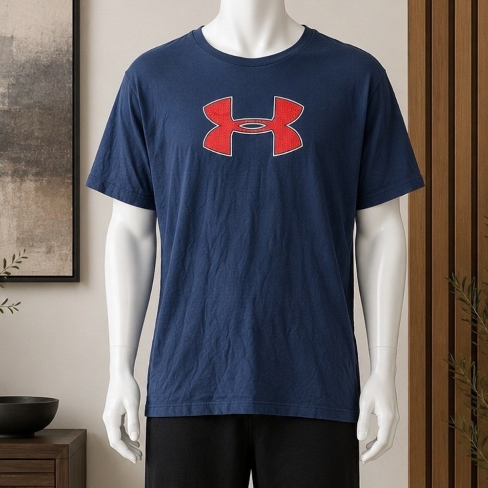 Under Armour Mens T-Shirt Navy Blue Red Logo HeatGear Loose Fit 2XL Tall